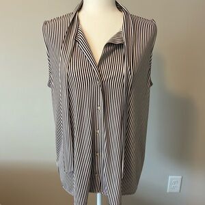 Burgundy and white stripe sleeveless blouse with tie